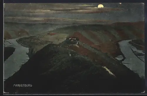 AK Marienburg / Alf-Bullay, Moselschleife bei Nacht