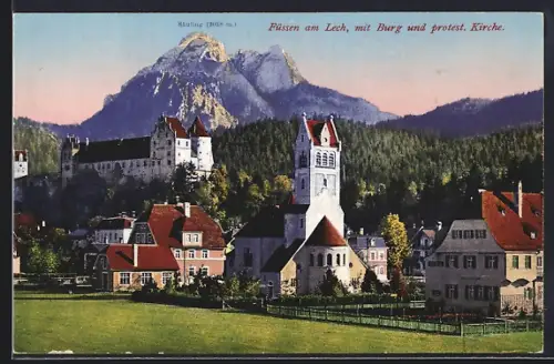 AK Füssen am Lech, Burg, protestantische Kirche, Gebirgspanorama