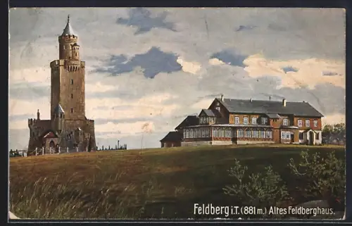 Künstler-AK Feldberg i. T., Altes Feldberghaus, Aussichtsturm
