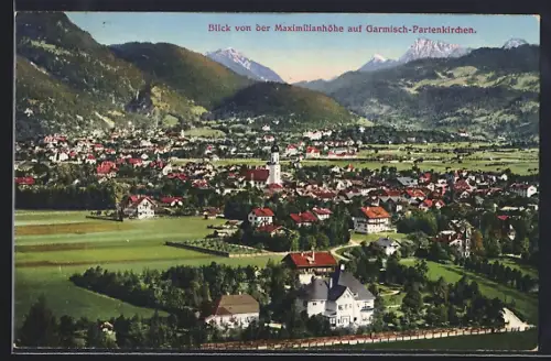 AK Garmisch-Partenkirchen, Blick von der Maximilianhöhe auf den Ort und das Alpenpanorama