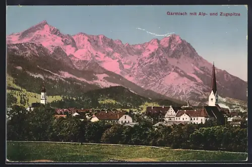 AK Garmisch, Alp- und Zugspitze, Ortsansicht