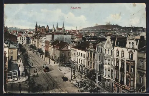 AK Aachen, Strassenbahn und Stadtansicht