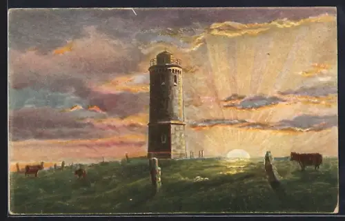 Künstler-AK Brocken, Sonnenaufgang, Aussichtsturm, Rinder