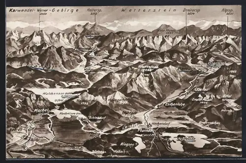 AK Kochel, Reliefkarte, Walchensee, Kochelsee, Staffelsee