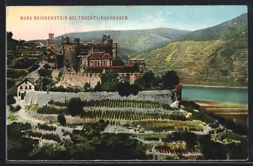 AK Trechtlingshausen, Burg Reichenstein, Weinberge, Rhein