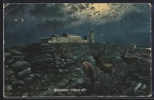 Künstler-AK Brocken, Brockenhotel, Turm, Hirsche bei Nacht
