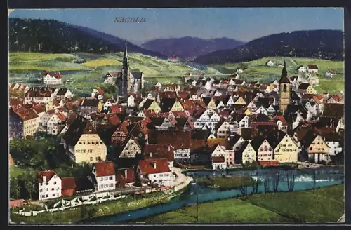 AK Nagold, Stadtansicht mit Kirche und Fluss