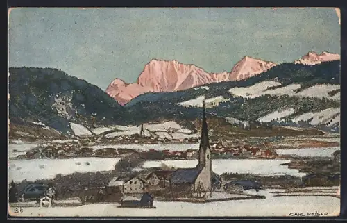 Künstler-AK Garmisch, Kirche, Karwendelgebirge