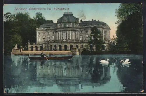 AK Ludwigsburg / Württemberg, Schloss Monrepos, See mit Ruderboot und Schwänen