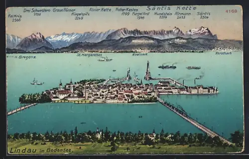 AK Lindau im Bodensee, Inselansicht, Hafen, Alpenpanorama