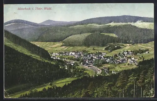 AK Manebach i. Thür. Wald., Ortsansicht, Berge, Wälder