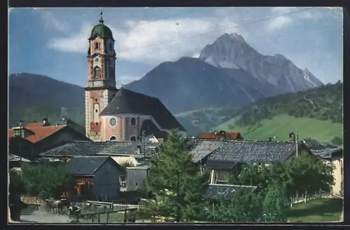 AK Mittenwald, Kirche, Wetterstein, Gebirgspanorama