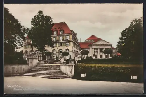 AK Bad Elster, Sachsenhof und Kurtheater mit Treppenaufgang