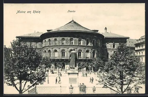 AK Mainz am Rhein, Theater mit Denkmal aus der Vogelschau