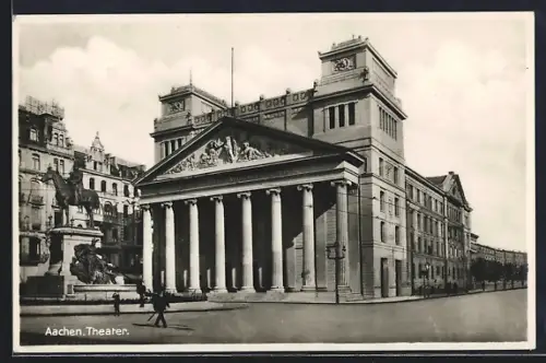 AK Aachen, Theater mit Reiterstandbild u. Strasse