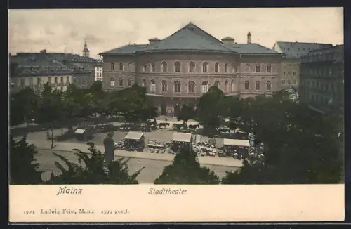 AK Mainz, Stadttheater mit Marktständen aus der Vogelschau
