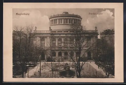 AK Magdeburg, Stadttheater mit Vorplatz aus der Vogelschau