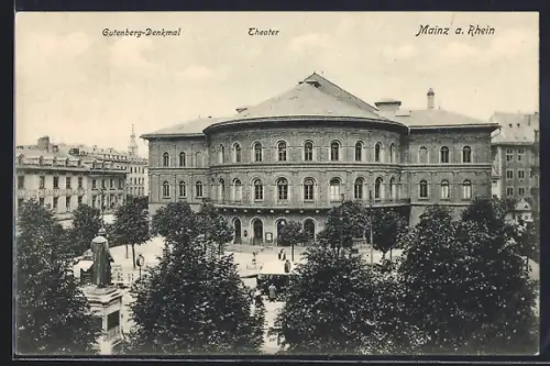 AK Mainz a. Rhein, Theater mit Gutenberg-Denkmal aus der Vogelschau