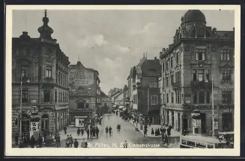 AK St. Pölten, Blick in die Kremserstrasse, Litfasssäule