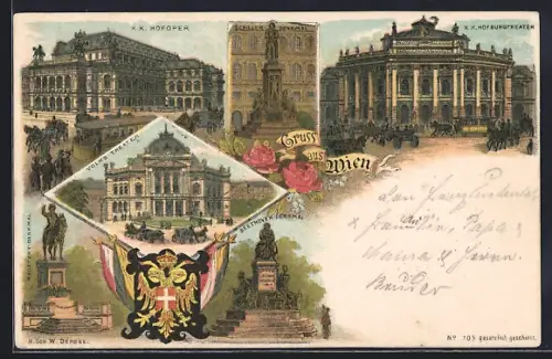 Lithographie Wien, Hofoper, Burgtheater, Volkstheater, Fahnen und Wappen