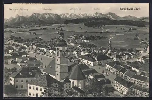 AK Strasswalchen, Ortsansicht mit Watzmann, Untersberg und Lattengebirge