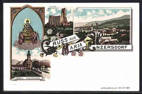 Lithographie Maria Enzersdorf, Ortsansicht, Schloss Liechtenstein, Kirche und Marienbildnis