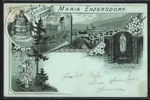 Mondschein-Lithographie Maria Enzersdorf, Schloss Lichtenstein, Lourdes-Brunnen, Ortsansicht