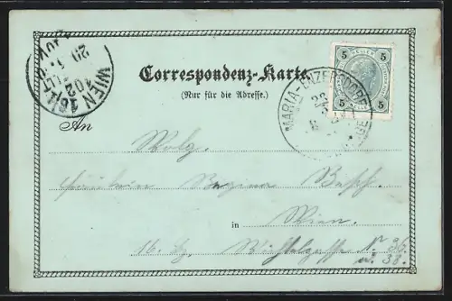 Mondschein-Lithographie Maria Enzersdorf, Schloss Lichtenstein, Lourdes-Brunnen, Ortsansicht