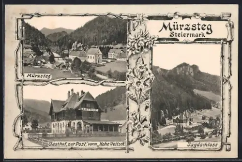 AK Mürzsteg, Jagdschloss, Gasthaus zur Post, Sicht über den Ort