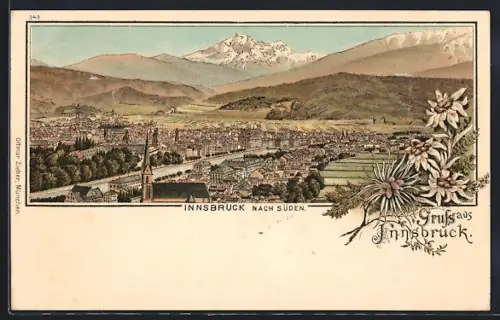 Lithographie Innsbruck, Totalansicht aus der Vogelschau