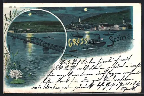 Lithographie Stein a. Donau, Neue Brücke, Ortsansicht