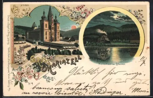 Lithographie Maria Zell, Wallfahrtskirche, Herrenhaus am Erlasee