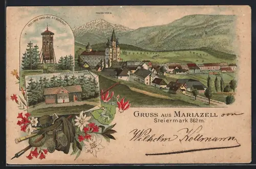 Lithographie Mariazell, Schutzhaus u. d. Bürgeralpl, Erzherzog Franz Karls Höhe, Ortspartie mit Kirche