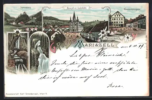 Lithographie Mariazell, Ortsansicht mit Gnadenkirche, Wienerneustädtergasse und Sigmundsberg