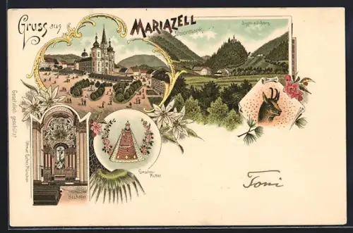 Lithographie Maria Zell, Wallfahrtskirche, Sigmundsberg, Gnaden-Mutter