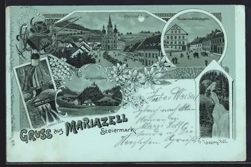 Mondschein-Lithographie Mariazell /Steiermark, Gross-Gasthof Wiener Küche, Wienerneustädtergasse, Wallfahrtskirche