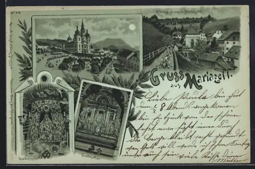 Mondschein-Lithographie Mariazell, Wallfahrtskirche, Gnadenmutter, Gnadenaltar