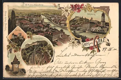 Lithographie Graz, Schlossbergbahn, Gösting, Schlossberg, Ortsansicht
