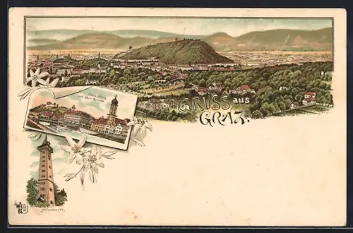 Lithographie Graz, Schlossberg und neue Brücke, Hilmwarte