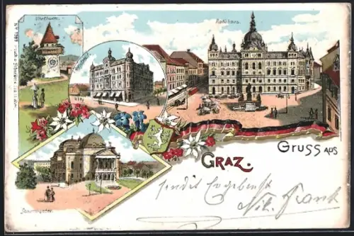 Lithographie Graz, Stadttheater, Uhrturm, Kaiserhof