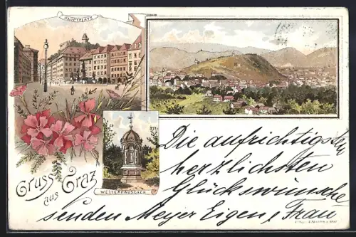 Lithographie Graz, Wetterhäuschen, Blick über den Ort, Hauptplatz