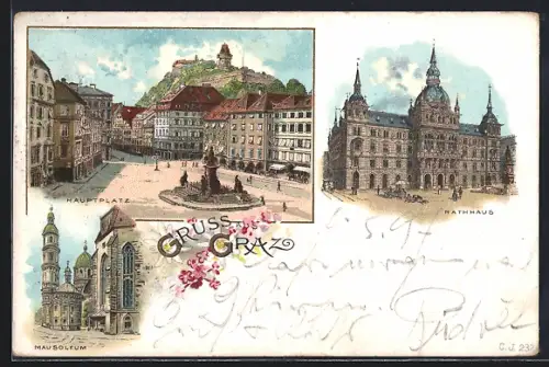 Lithographie Graz, Hauptplatz, Rathaus, Mausoleum