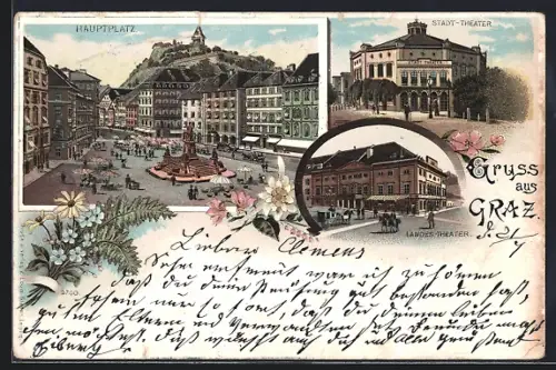 Lithographie Graz, Hauptplatz, Stadt-Theater, Landes-Theater