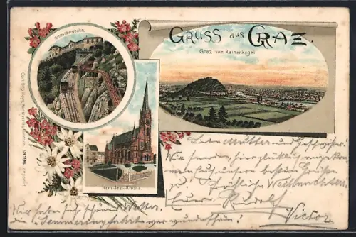 Vorläufer-Lithographie Graz, 1895, Schlossbergbahn, Herz-Jesu-Kirche, Ortsansicht