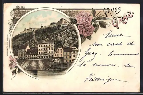 Lithographie Graz, Blick auf den Schlossberg