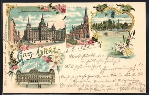 Lithographie Graz, Rathaus, Post, Herz-Jesu-Kirche