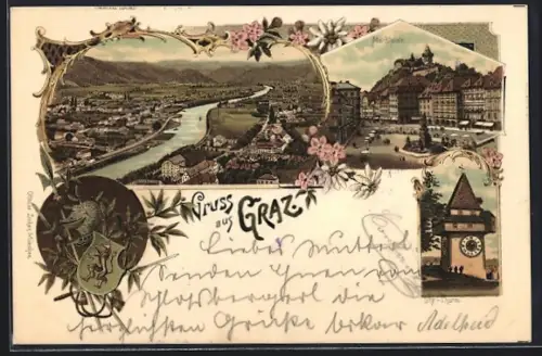Lithographie Graz, Uhr-Thurm, Marktplatz mit Ständen und Denkmal, Totalansicht mit Fluss, Wappen, Helm, Edelweiss