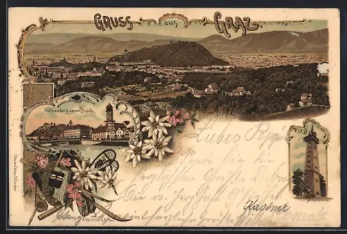 Lithographie Graz, Ortsansicht, Schlossberg und neue Brücke