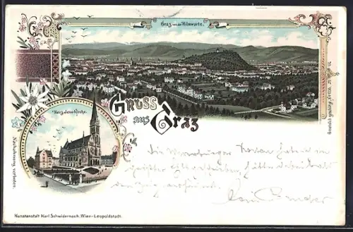 Lithographie Graz, Graz von der Hilmwarte, Die Herz Jesu- Kirche