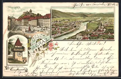 Lithographie Graz, Uhr-Thurm, Hauptplatz, Ortsansicht